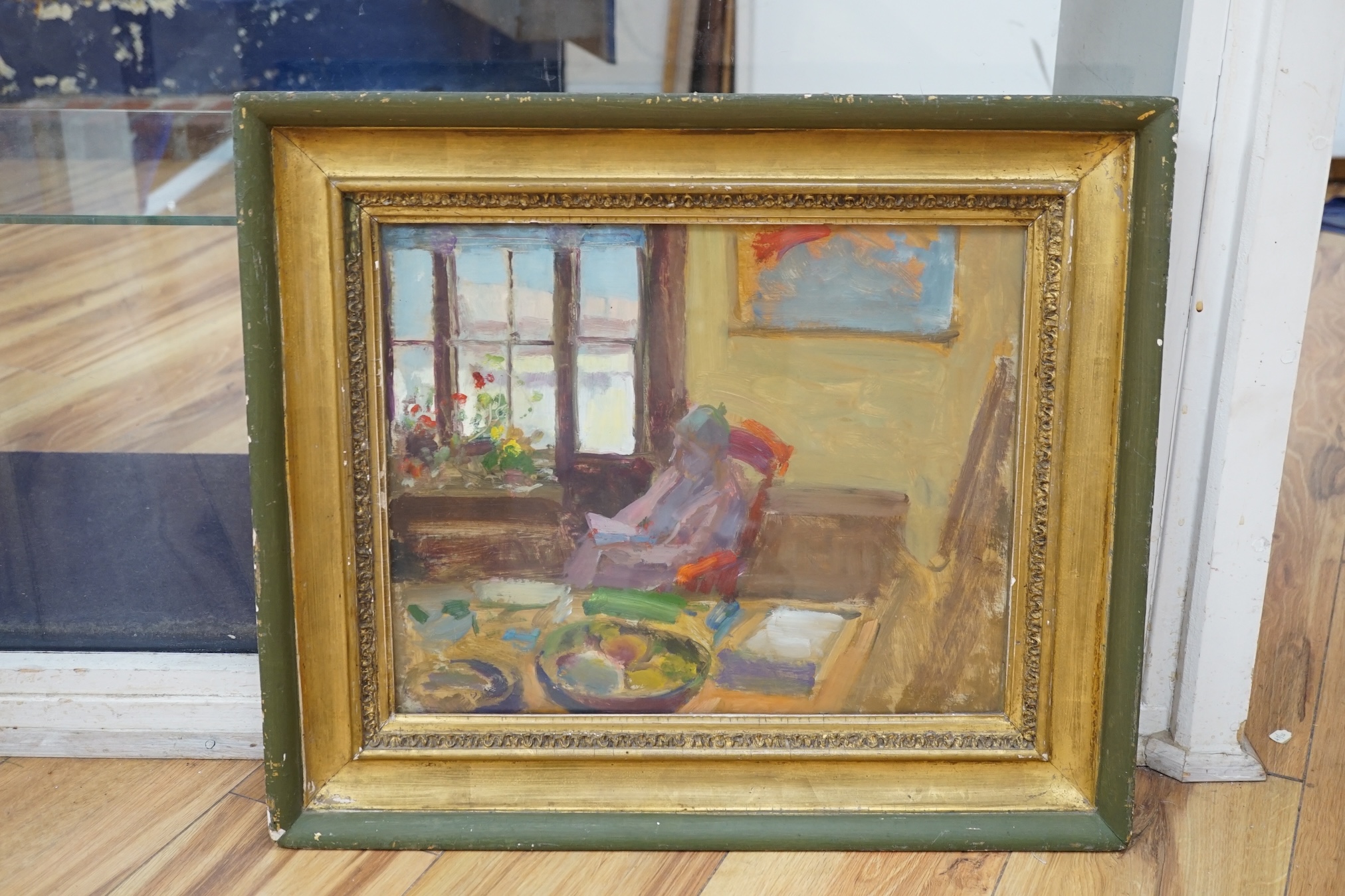 From the Studio of Fred Cuming. Tony R. Smith, oil on board, 'Sitting room in winter', gallery label verso, 32 x 37cm. Condition - fair to good